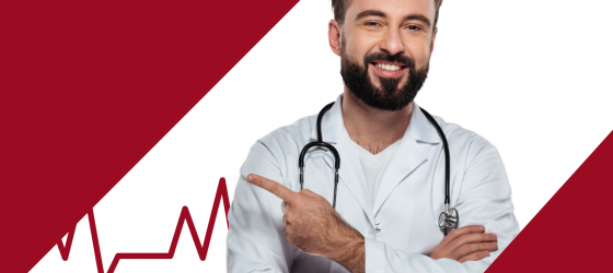 medico su sfondo bianco e rosso