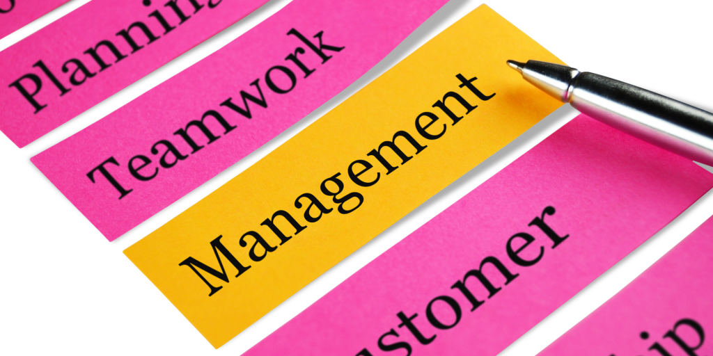 immagine con righe rosa con termini di lavoro d'ufficio e in giallo la parola management