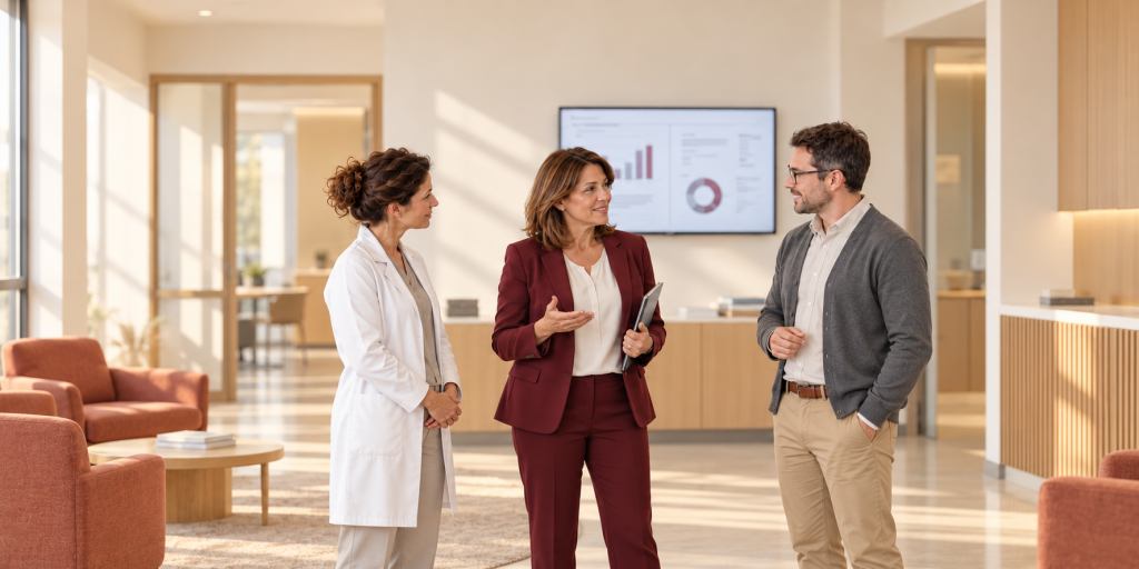 riunione di tre manager sanitari